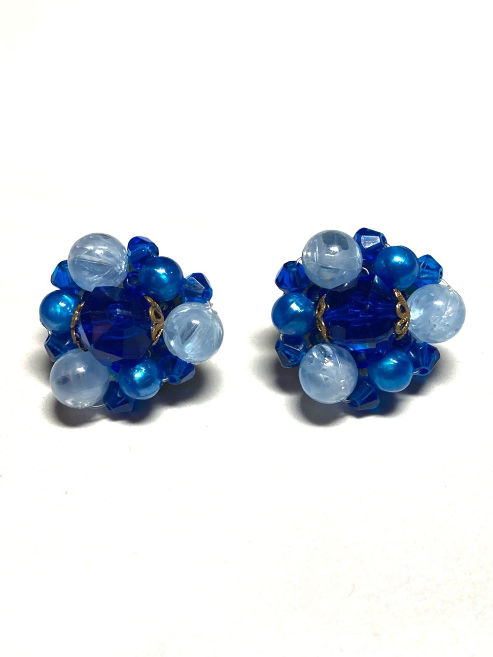 W Germany Blue Bead Cluster Clip-On Earrings